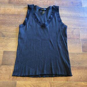 Rich Black Sweetheart Lace Hem Cami Tank Y2K Large Cotton